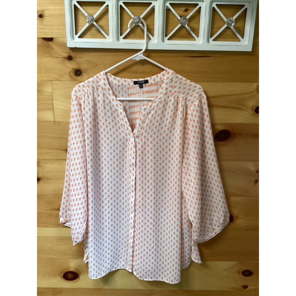 NYDJ Women 1X Blouse Orange Geometric Print 3/4 Sleeve Pleated Split Neck Top